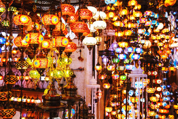 Traditional handmade turkish lamps in souvenir shop.