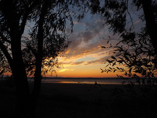 Sunset. On the big river. Beautiful sky. Tree and leaves. Summer. Russia, Ural, Perm region