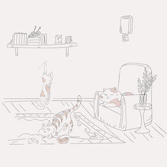 Card with playing cats. In a cozy room, two cats play merrily and one rests on the armchair.