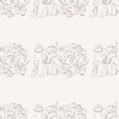 Pattern from the group of playing cats. More than ten cats playing on a fun gift paper pattern
