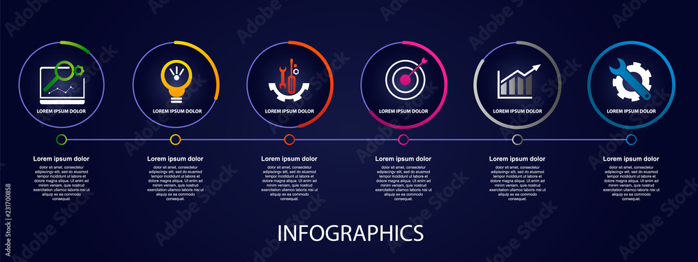 Fototapete dark vector illustration 3d. infographic template with six elements, circles, text and icons. timeli