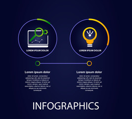 Dark vector illustration 3D. Infographic template with two elements, circles, text and icons. Timeline step by step. Designed for business, presentations, web design, diagrams, training with 2 steps