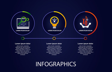 Fototapeta premium Dark vector illustration 3D. Infographic template with thee elements, circles, text and icons. Timeline step by step. Designed for business, presentations, web design, diagrams, training with 3 steps