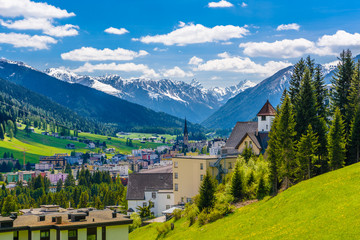 Houses in town village in Alps mountains, Davos,  Graubuenden, Switzerland
