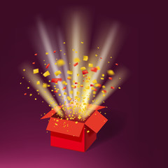 Open Red Gift Box and Colour Confetti. Bright Rays. Vector Illustration. Isolated, Template Baner, Poster