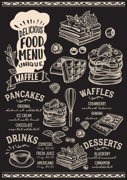 Waffle and pancake food menu template for restaurant with chefs hat lettering.