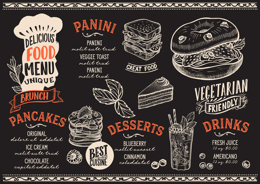 Brunch food menu template for restaurant with chefs hat lettering.