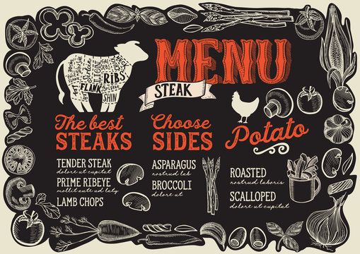 Steak menu for restaurant with frame of graphic vegetables.