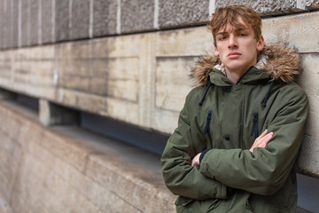 Young Man Male Teenager Boy Wearing Green Parka