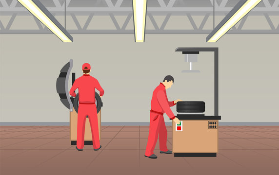 Car Service and Working Men Vector Illustration