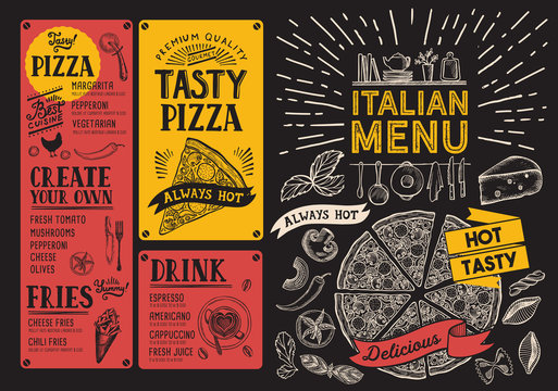 Italian foodrestaurant menu. Pizza flyer for bar and cafe. Design template with vintage hand-drawn illustrations.