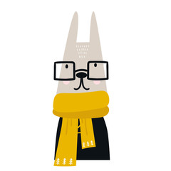 Cute cartoon hare animal with glasses and a scarf. Kids hand drawn vector illustration in scandinavian style
