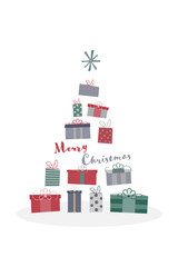 Christmas time. Christmas card with tree made by gifts in festive colors. Text : Merry Christmas.