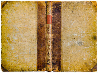 Naklejka premium Old open book cover - worn scratched textured natural paper, brown leather spine, golden abstract ornaments and empty red label - circa 1810