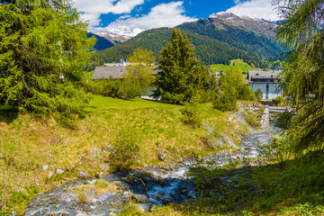 Stone river in Forest of Alps mountains, Davos, Graubuenden, Switzerland.