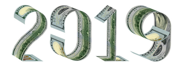 Inscription 2019 made of one hundred dollar banknotes 3D rendering