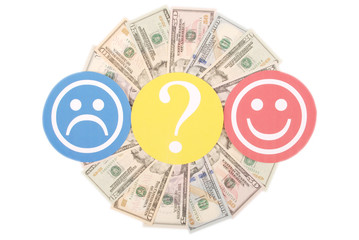 Question mark between smiley and sad smiley on mandala kaleidoscope from money.