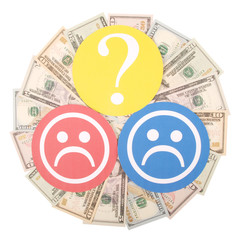 Question mark between sad smiley on mandala kaleidoscope from money.