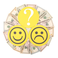Question mark between smiley and sad smiley on mandala kaleidoscope from money.