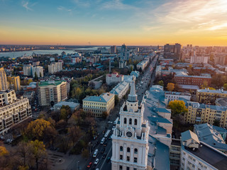 Evening Voronezh. Sunset. South-East Railway Administration Building and Revolution prospect. Aerial view from drone