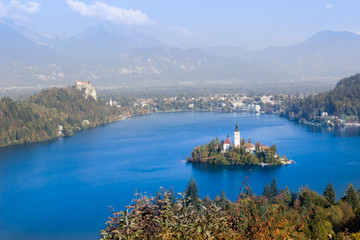 View at Bled lake and Pilgrimage Church of the Assumption of Mary from the top