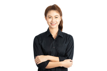 Beautiful Attractive Asian business woman wearing black shirt smile and cross arm feeling so happiness and confident with positive thinking,Isolated on white background,Business Concept