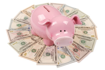 Pink piggy bank on white backgrounds on mandala kaleidoscope from money.