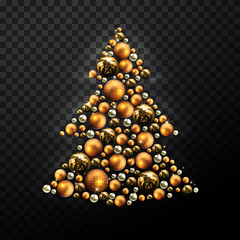 Decorative Christmas tree made of golden balls with highlights. High detailed realistic illustration.