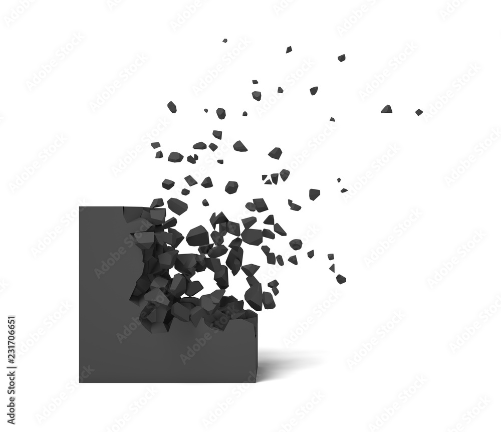 Poster 3d rendering of a black square on a white background starting to get destroyed piece by piece.