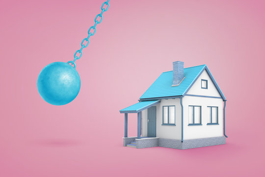 3d rendering of large blue iron wrecking ball ready to hit a small blue family house on a pink background.