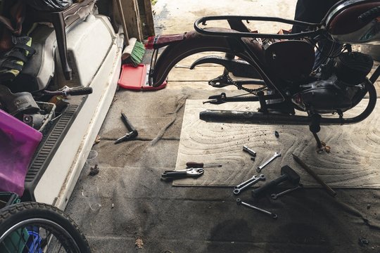 Motorbike in repair garage