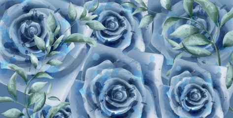 Blue roses watercolor Vector banner. Beautiful vintage pastel colors floral decor posters
