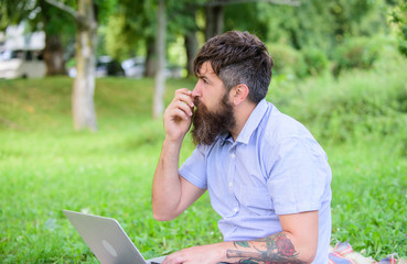 Writer or blogger write post for social network. Blogger thoughtful face create content. Hipster...