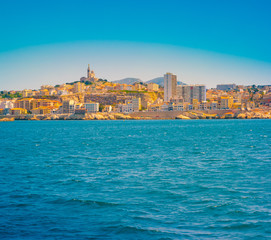 Naklejka premium Marseille panorama from Frioul archipelago. Marseille, Provence-Alpes-Cote d'Azur, France.