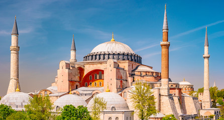 Fototapeta na wymiar Hagia Sophia in summer, Istanbul, Turkey. Hagia Sophia or Ayasofya is one of the best-known sights of the city.