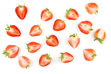 Top view of Spread sliced strawberries fruit isolated on white background.