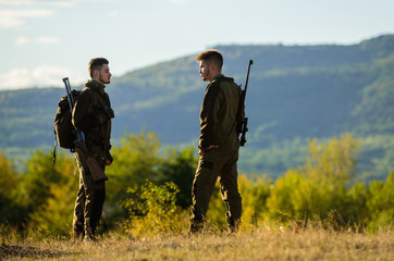 Gamekeeper occupation concept. Gamekeepers sunny fall day. Hunting with partner provide greater...