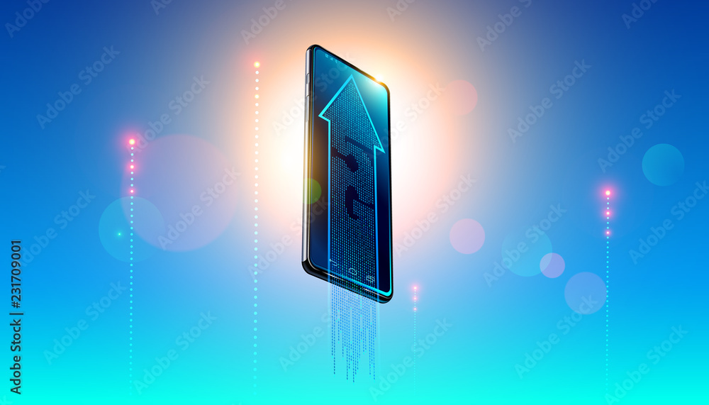 Leinwandbilder 5g digital network symbol on screen modern smartphone on background clear heavens and luminous signal lte of iot devices. The arrow showing hi-speed of internet connection. LTE wireless technology