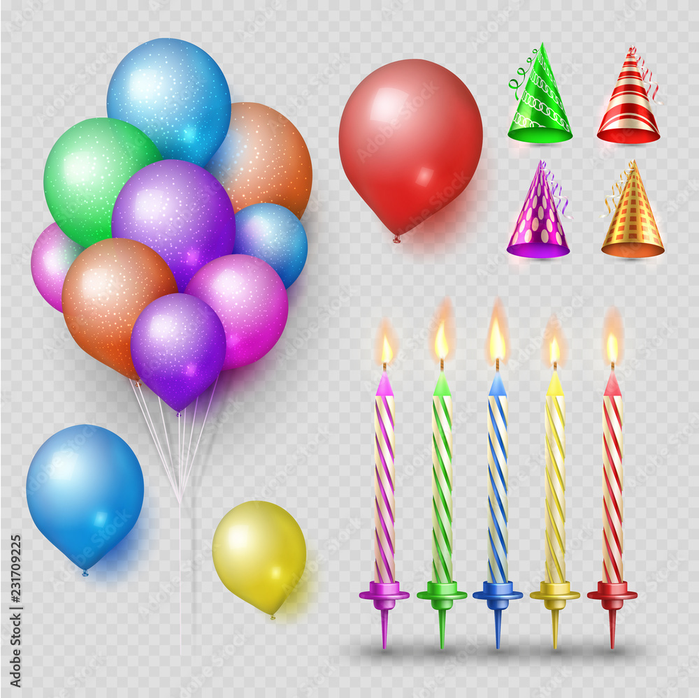 Canvas Prints party accessorises vector set. realistic candles, balloons and party hats isolated on transparent ba