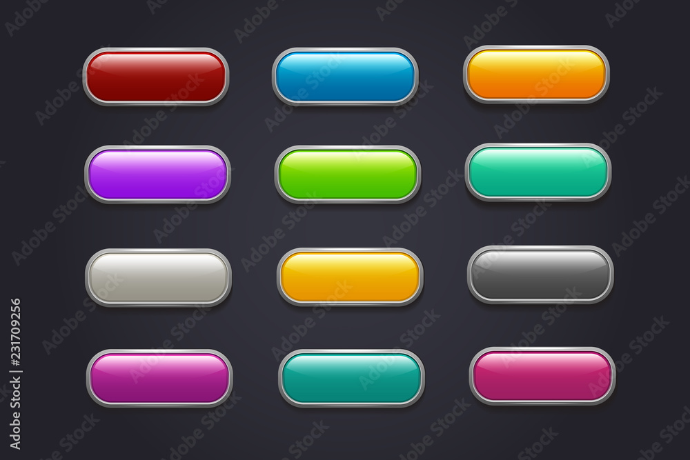 Poster game buttons. glossy cartoon video game button vector collection. interface game buttons menu, gloss