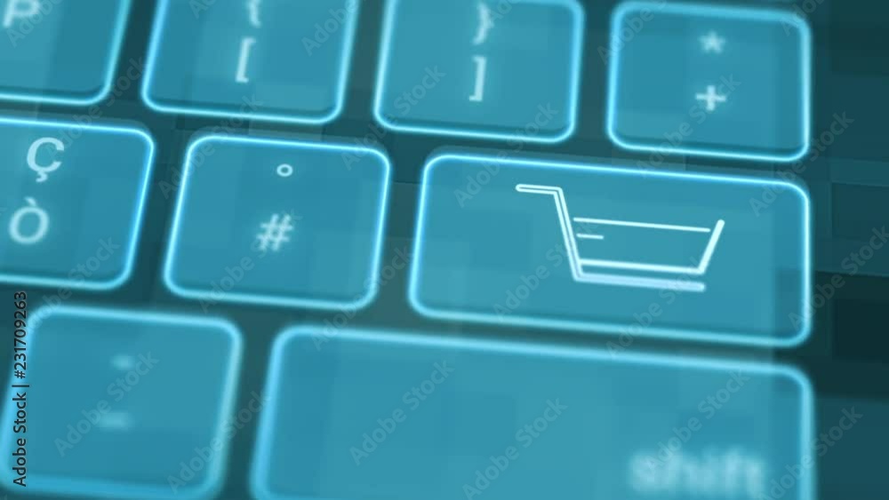 Poster close up view of a futuristic keyboard with a shopping cart growing on a key, concept of online shop