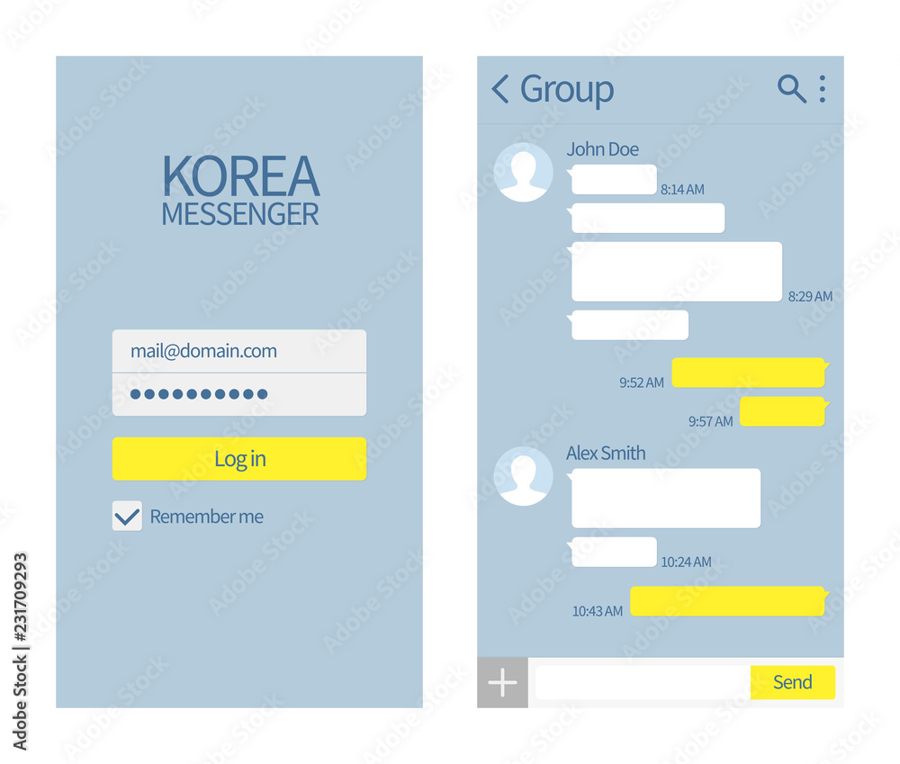 Poster korean messenger. kakao talk interface with chat boxes and icons vector message template. illustrati