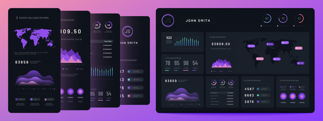 Digital dashboards. Mobile business bar graph and histogram, economic diagram and pie charts. Marketing infographics vector elements. Ui panel interface for smartphone and tablet illustration