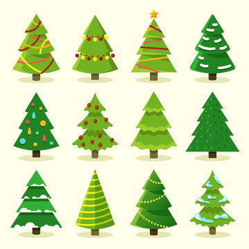 Winter colorful cartoon Christmas tree vector set. Tree christmas for holiday, green pine with garland illustration
