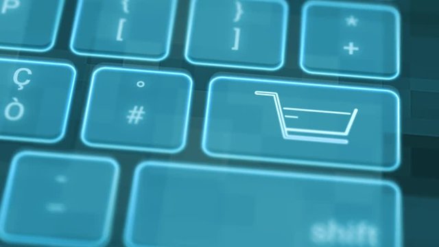 close up view of a futuristic keyboard with a shopping cart growing on a key, concept of online shopping and ecommerce (3d render)