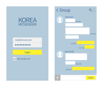 Korean messenger. Kakao talk interface with chat boxes and icons vector message template. Illustration of message phone, application kakaotalk