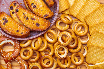 bakery, Bagels, rusks and cookies,on background of wood top view