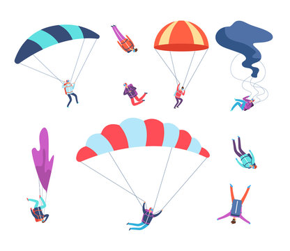 Skydivers set. People jumping with parachutes. Dangerous sports sky jumpers, parachutists cartoon vector characters. Illustration of skydiving with parachute, paratrooper and parachuting