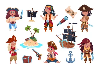 Fotobehang Piraten karakters. Cartoon kinderen piraten, matrozen en kapitein vector geïsoleerde set. Kapitein en matroos piraat, jongen met zwaard en haak illustratie © MicroOne