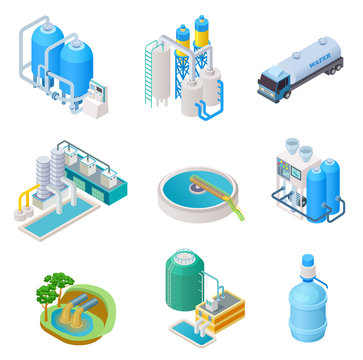 Water purification technology. Isometric treatment water industrial system, wastewater separator vector isolated set. Isometric purification and separator water, reservoir equipment illustration